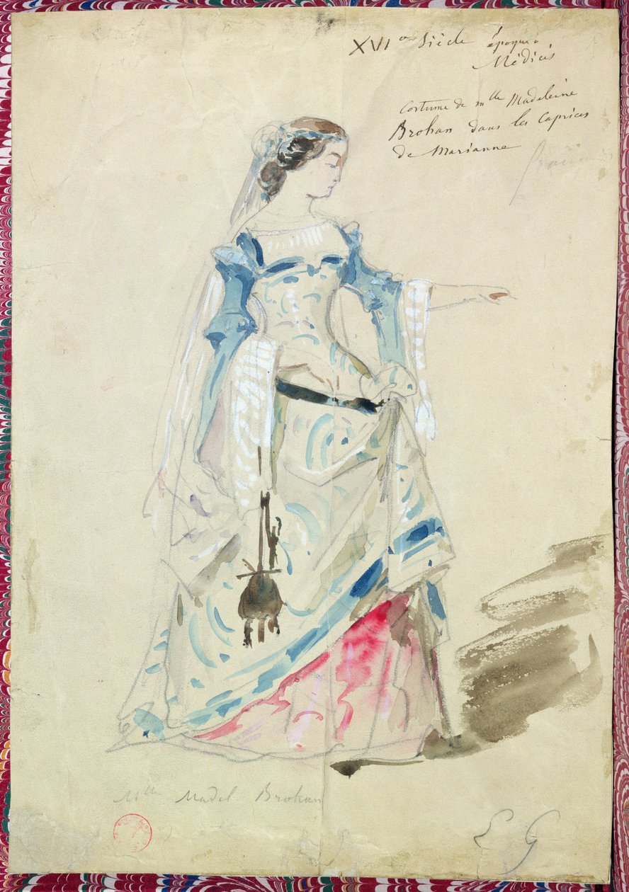 Projekt kostiumu dla pani Madeleine Brohant (1833-1900) do roli Marianny w „Les Caprices de Marianne” Alfreda de Musset (1810-57) 1851 autorstwa Pierre François Eugène Giraud