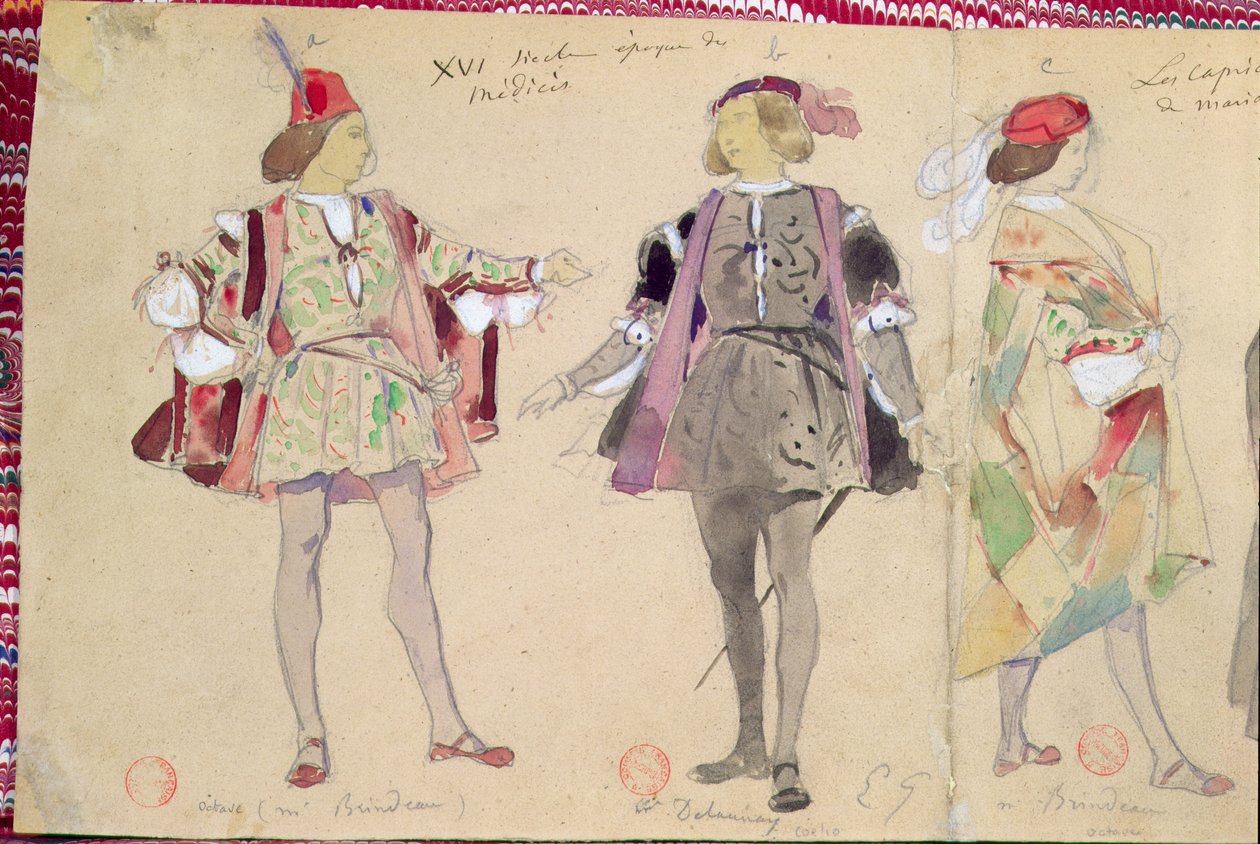 Projekty kostiumów dla Octave (w tej roli Brindeau) i Coelio (w tej roli Delaunay) do „Les Caprices de Marianne” Alfreda de Musset (1810-57) autorstwa Pierre François Eugène Giraud
