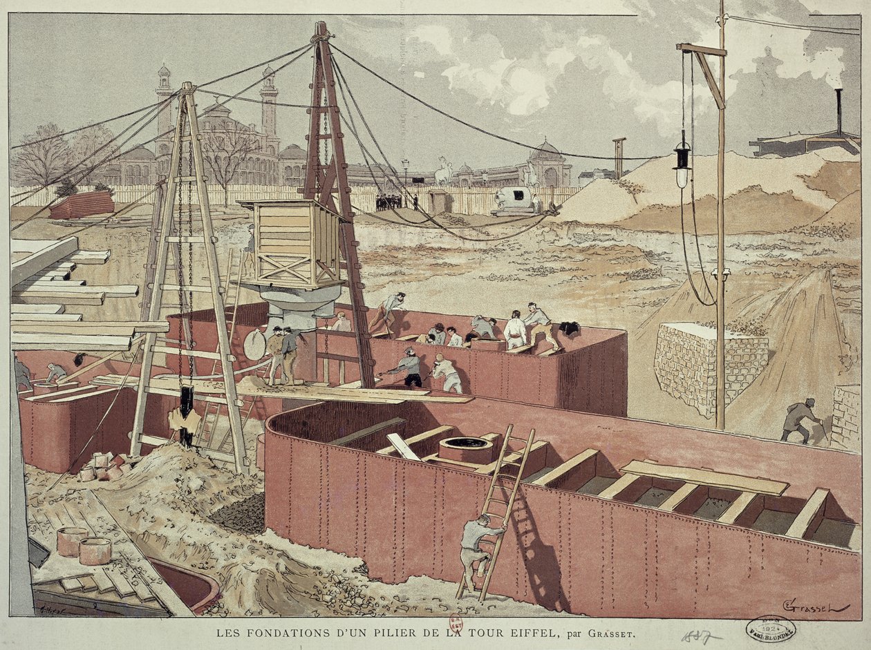 Kładzenie fundamentów pod wieżę Eiffla, 1887 autorstwa Eugene Grasset