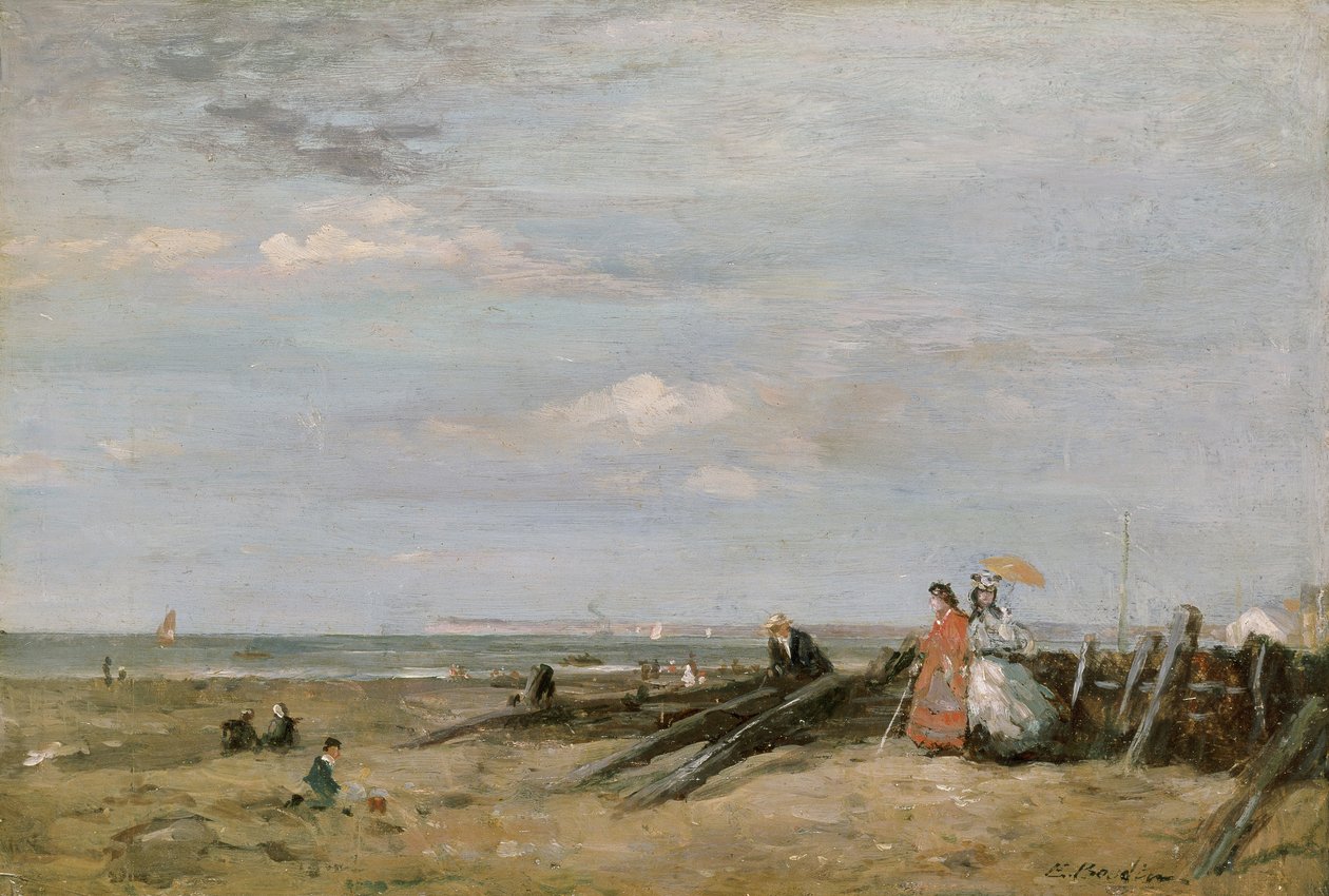 Scena na plaży w Trouville, 1860 (olej na karcie ułożony na panelu) autorstwa Eugene Louis Boudin