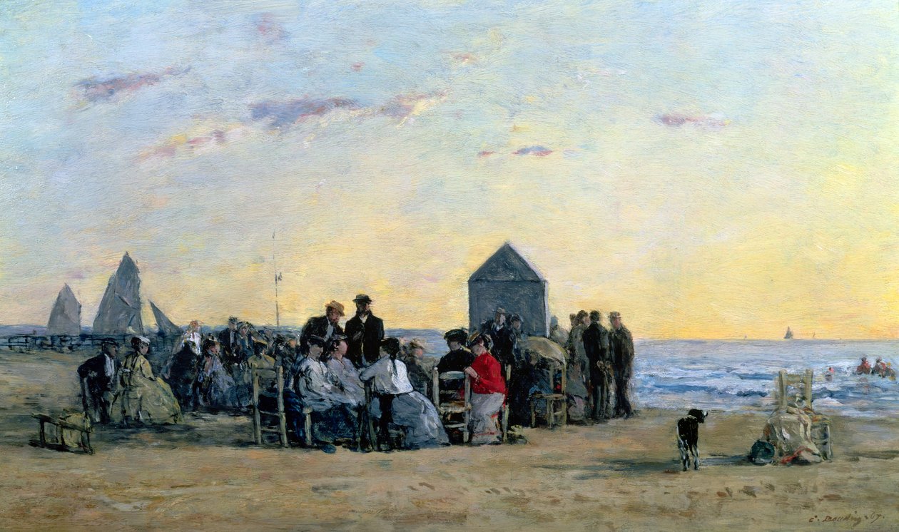 Scena na plaży w Trouville - zachód słońca, 1867 autorstwa Eugene Louis Boudin