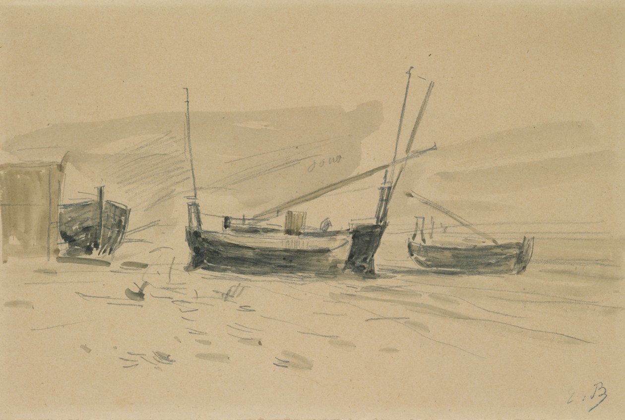 Małe łódki na plaży (wc i grafit na papierze) autorstwa Eugene Louis Boudin