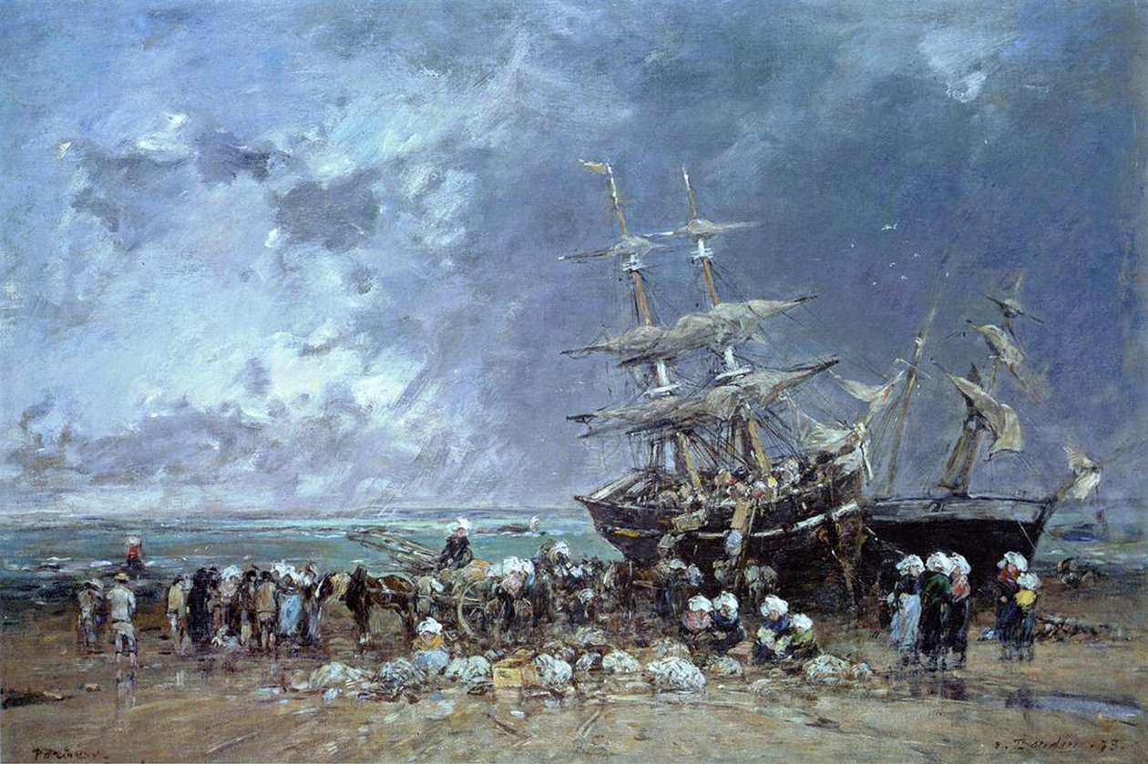 Rozładunek łodzi rybackiej Nowej Funlandii, 1873 r autorstwa Eugene Louis Boudin