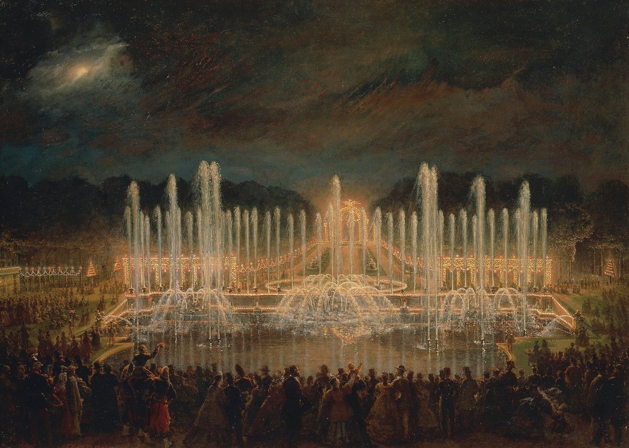 Francja, Wersal, Nokturn w Wersalu (Les grandes eaux a Versailles) autorstwa Eugene Louis Lami