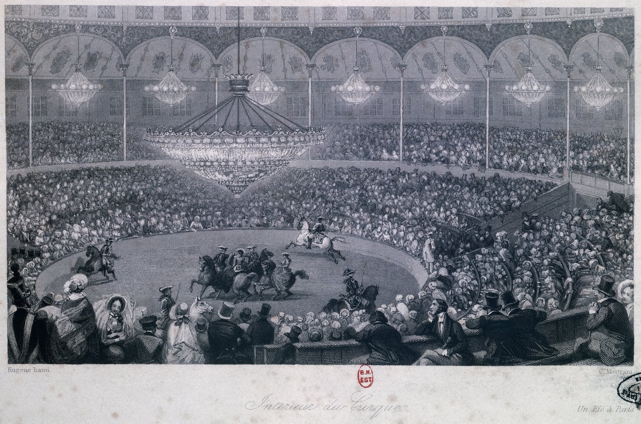 Pokaz koni w cyrku Franconi, Champs Elysees, Paryż, Eugene Louis Lami (1800-1890), ryty przez Charlesa Mottrama (1807-1876) zaczerpnięty z Lata i Zimy w Paryżu autorstwa Eugene Louis Lami