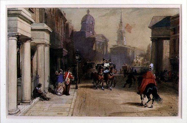 Trafalgar Square z Pall Mall, ok. 1848-52 (akwarela i gwasz na ołówku na papierze) autorstwa Eugene Louis Lami
