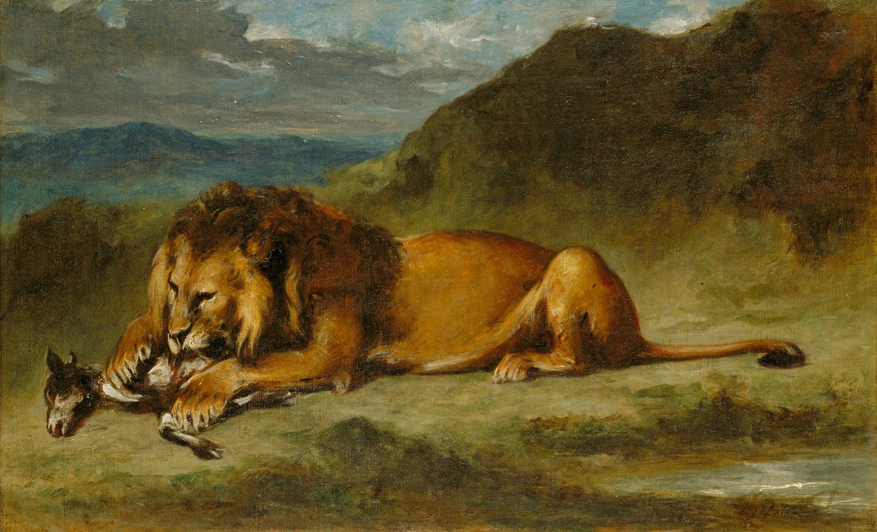 Lew pożerający kozę, ok. 1850 (olej na płótnie) autorstwa Eugene  Delacroix