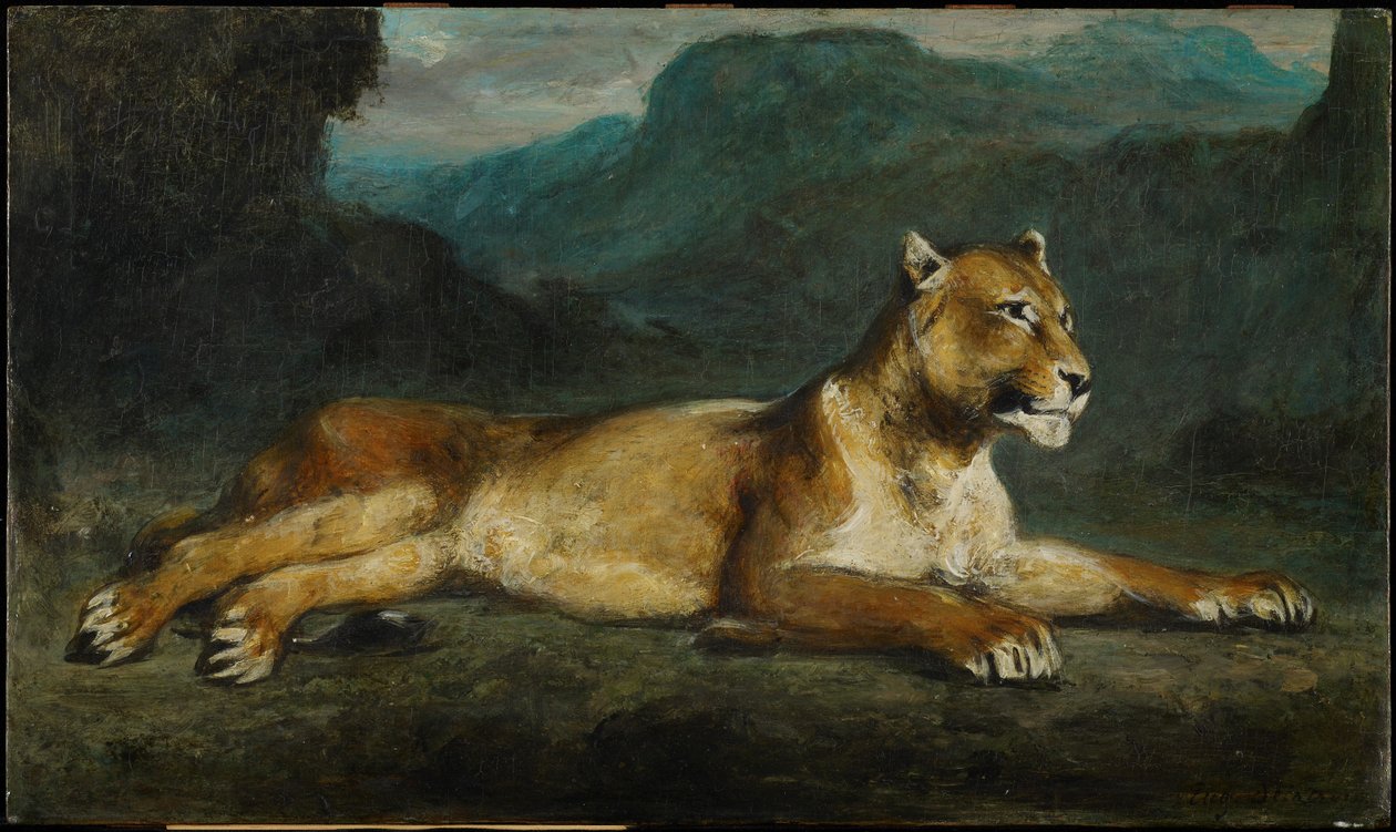 Leżąca lwica, ok. 1855 (olej na panelu) autorstwa Eugene  Delacroix