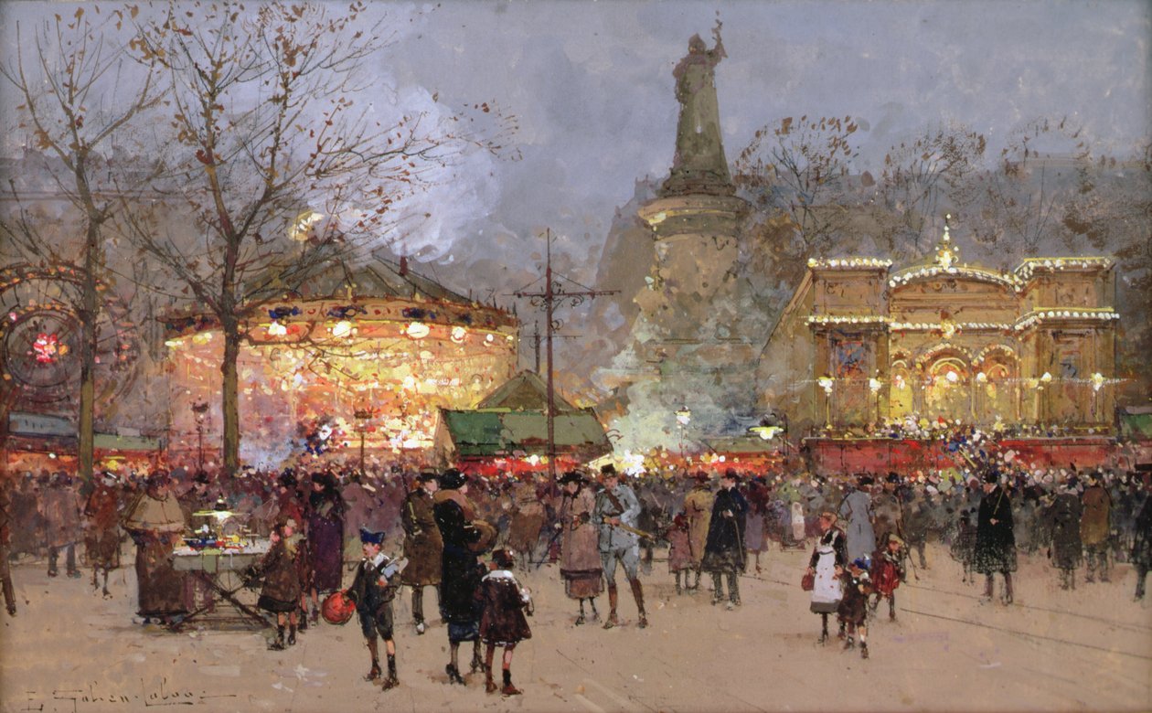 Fete na Place de La Republique w Paryżu (czarna kreda i gwasz na papierze) autorstwa Eugene Galien Laloue