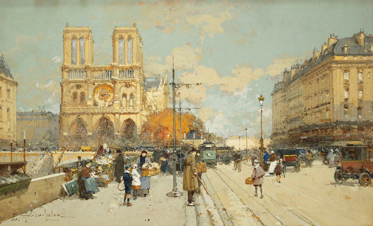 Postacie na słonecznej paryskiej ulicy, Notre Dame po lewej autorstwa Eugene Galien Laloue