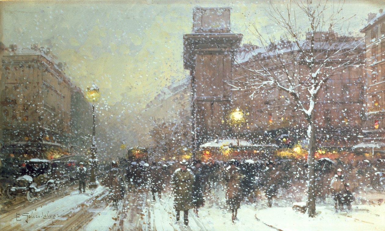 Porte St. Martin w Paryżu (czarna kreda i gwasz na papierze) autorstwa Eugene Galien Laloue