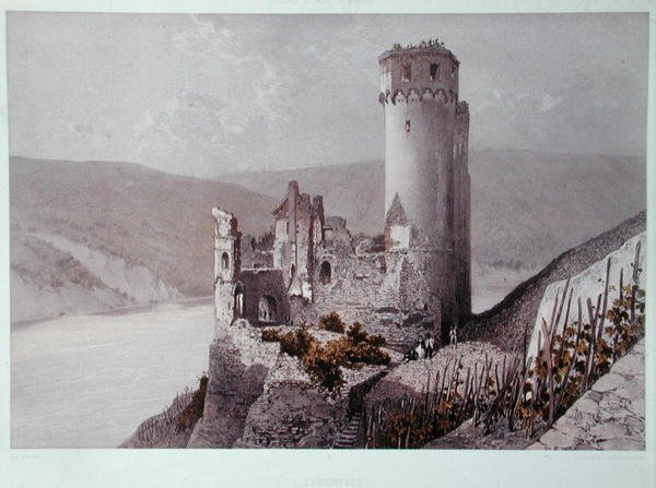 Schloss Ehrenfels w dolinie Renu, ok. 1863 (kolor lito) autorstwa Eugene (after) Ciceri