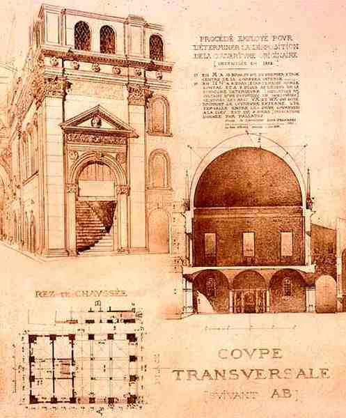 Plan, przekrój i elewacja loggii lub Palazzo del Commune, Brescia, Włochy, z „Fragments d