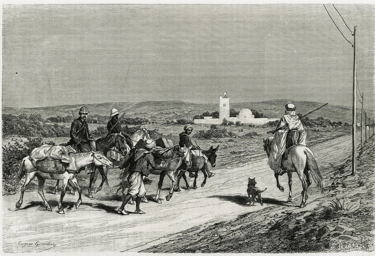 Nasza przyczepa jest w ruchu. Grawerowane przez Eugene Girardeta, aby zilustrować historię „Podróż w Tunisie”, autorstwa historyka Rene Cagnata (1852-1937) i architekta Henri Saladina (1851-1923), zlecone w latach 1882-1883 przez Ministerstwo Oświaty Publi autorstwa Eugene Alexis Girardet