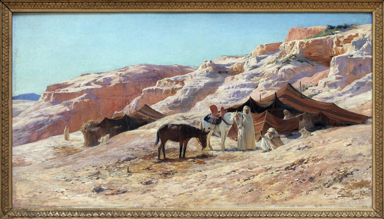 Obóz, obraz olejny na płótnie Eugene Girardet (1853-1907), obóz grupy arabskich podróżników (Beduinów) w krajobrazie wydm. Ciemny. 50x60 cm. Fotografia, KIM Youngtae, Nantes, Musee des Beaux Art de Nantes. autorstwa Eugene Alexis Girardet