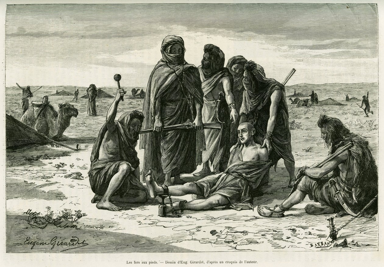 Pójdą na nogi. Grawerowanie autorstwa Eugene Girardeta, aby zilustrować historię Cinq mois chez les moures nomades du Sahara occidental, w 1887, autorstwa Camille Douls, in le tour du monde 1888, pod kierownictwem Edouarda Chartona (1807-1890), Hachette, P autorstwa Eugene Alexis Girardet