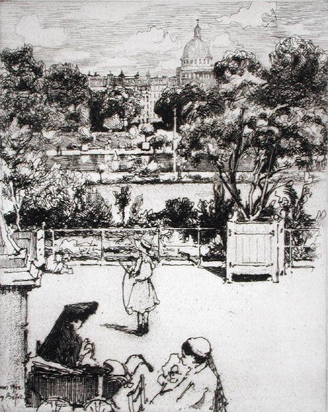 Park paryski, z „Du Ier au XXeme: Les Arrondissements de Paris...”, wyd. 1903 (akwaforta) autorstwa Eugene Bejot