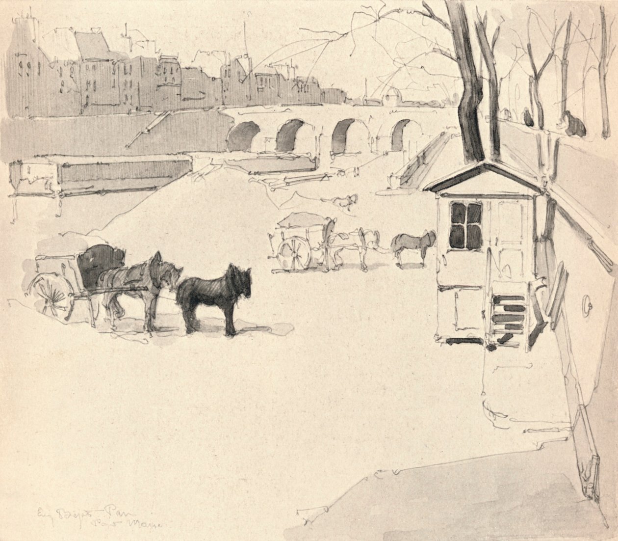 Pont Marie - Konie i wozy, 1915 autorstwa Eugene Bejot