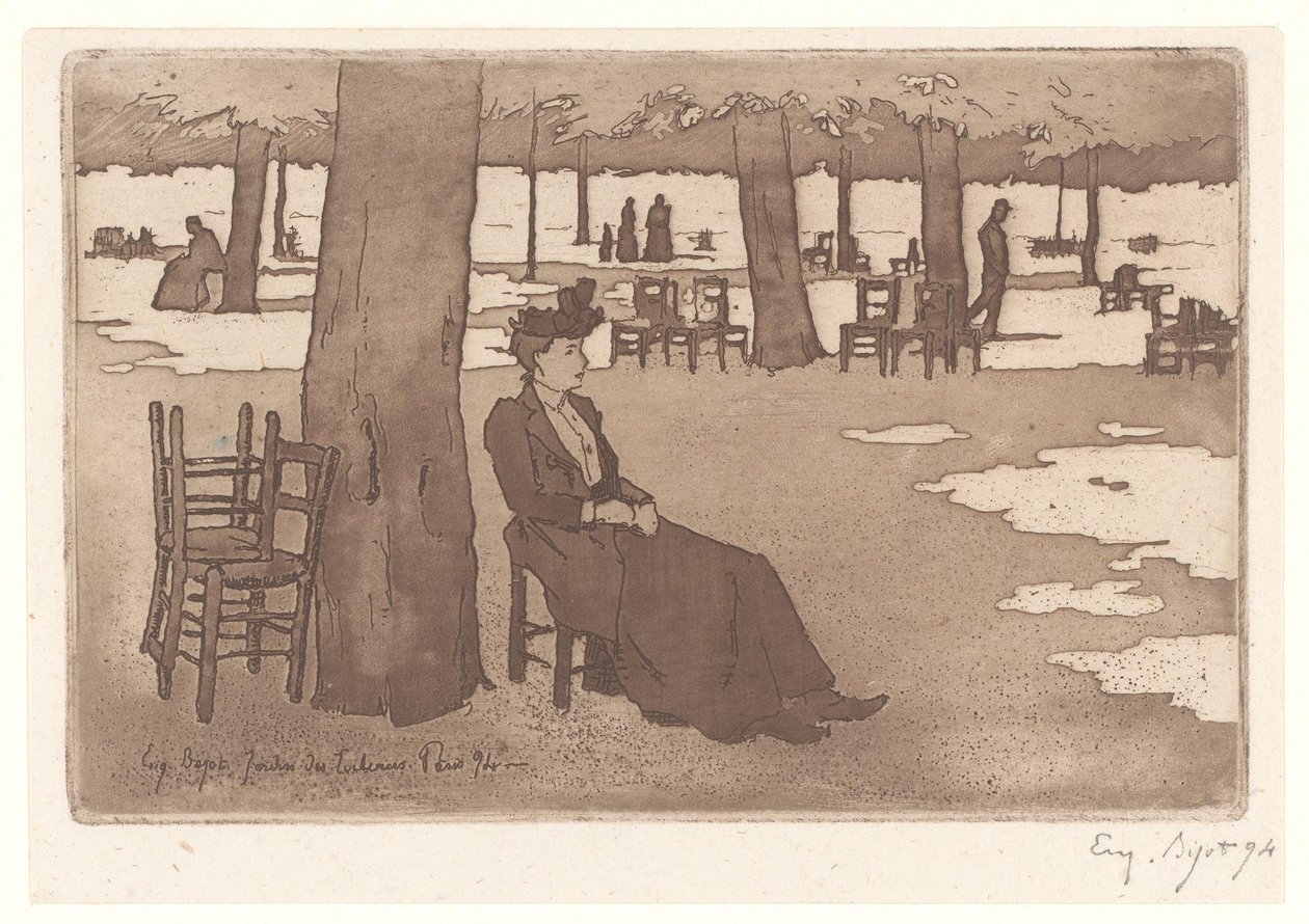 Kobieta w ogrodzie Ogrodu Tuileries w Paryżu Jardins des Tuileries Paryż (tytuł na obiekcie) autorstwa Eugene Bejot