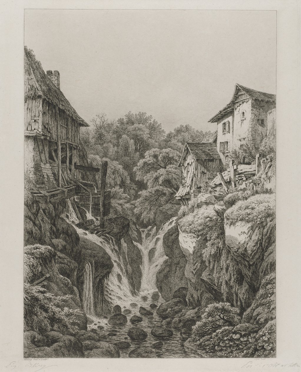 Młyn i wodospad Grésy w pobliżu Aix-les-Bains , 1856. autorstwa Eugene Bléry