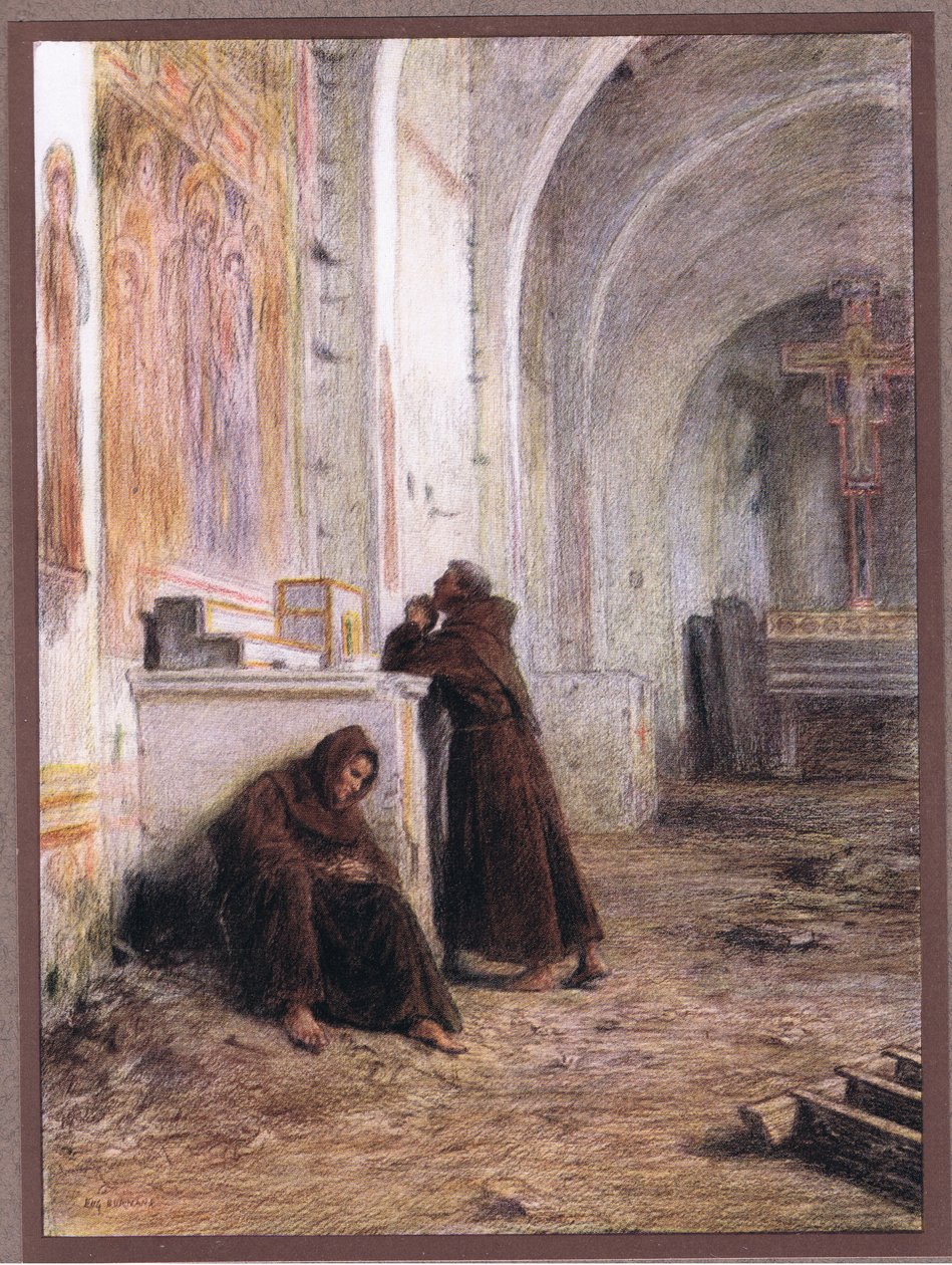 Brat Giles i jego towarzysz mdleją z głodu w opuszczonym kościele, 1919 autorstwa Eugene Burnand