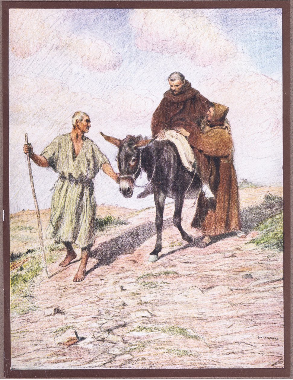 Św. Franciszek schodzący z Góry La Verna z bratem Leo po odciśnięciu świętych stygmatów, 1919 autorstwa Eugene Burnand