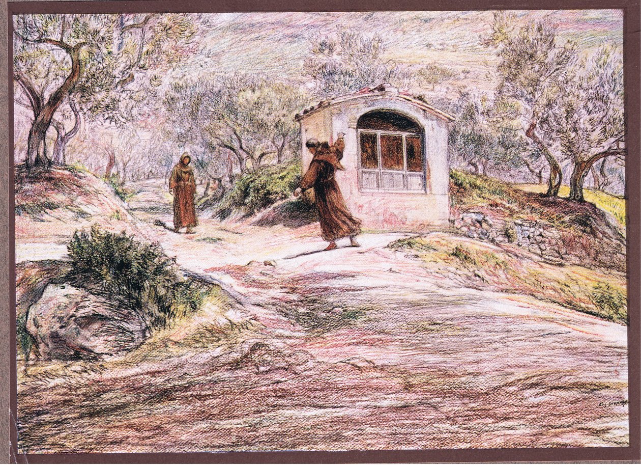 Św. Franciszek każe bratu Masseo wiele razy zawracać, aby znaleźć drogę, którą powinien iść, 1919 autorstwa Eugene Burnand