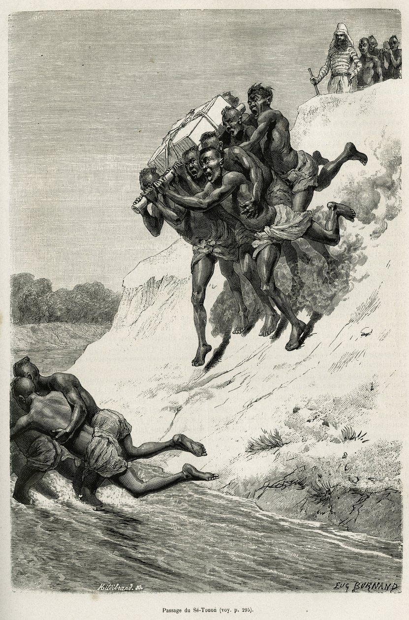 Przejście przez Riviere Se Touon (Se Touon), w tle portret podróżnika narratora, rytowany według rysunku Eugene Burnanda, dla zilustrowania historii Laosu i dzikich ludów Indochin, przez doktora Harmanda, w 1877 r., wyd. autorstwa Eugene Burnand