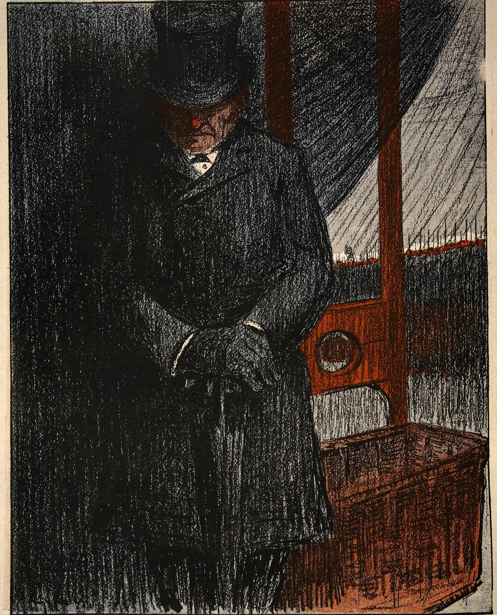 Przedsiębiorca pogrzebowy czeka na swoją następną ofiarę przy gilotynie, ilustracja z „Talerza maślanego: Funkcjonariusze”, 9 sierpnia 1902 (litografia kolorowa) autorstwa Eugene Cadel