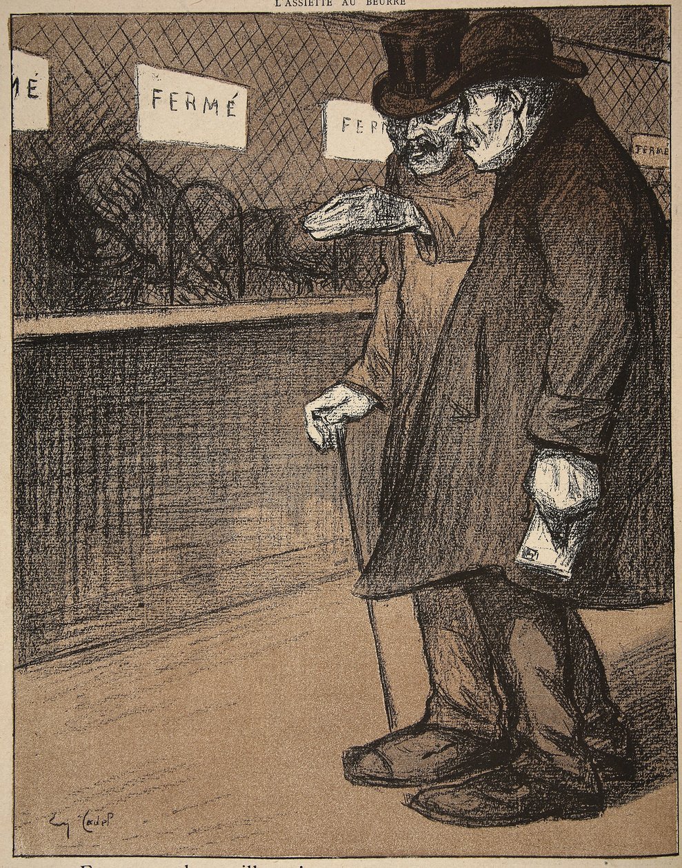 Dwóch starszych panów przechodzących obok zamkniętych okienek, ilustracja z „L
