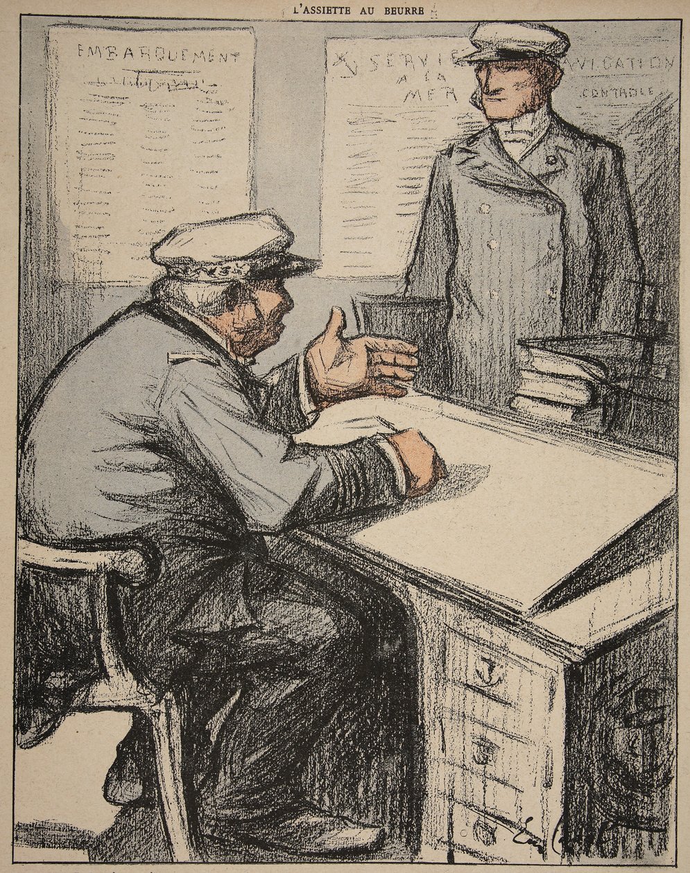Dwóch marynarzy w swoich biurach, ilustracja z „The Butter Plate: The Officials”, 9 sierpnia 1902 autorstwa Eugene Cadel