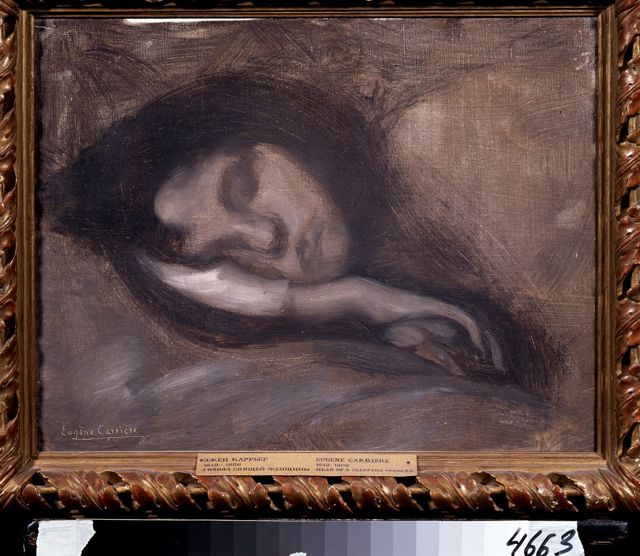 Głowa śpiącej kobiety. Obraz Eugene Carriere (1849-1906). Rozmiar: 36x47cm. Olej na płótnie. Symbolizm. Muzeum Puszkina, Moskwa autorstwa Eugène Carrière