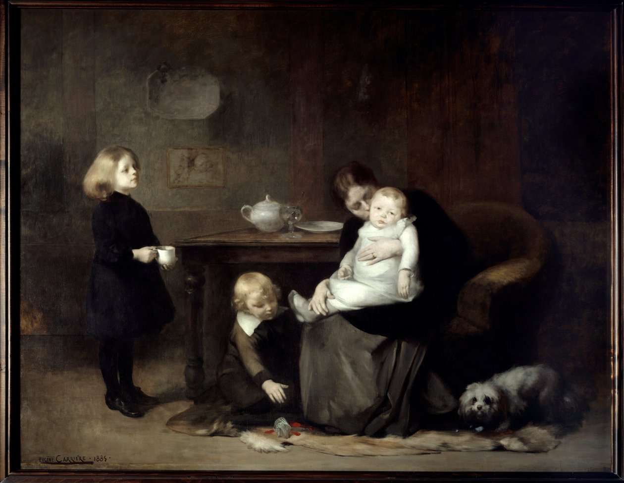 Chore dziecko Matka wdowa całuje swoje chore dziecko. Obraz Eugene Carriere (1849-1906) 1885 Nd. 2x2,46 m Paryż, musee d