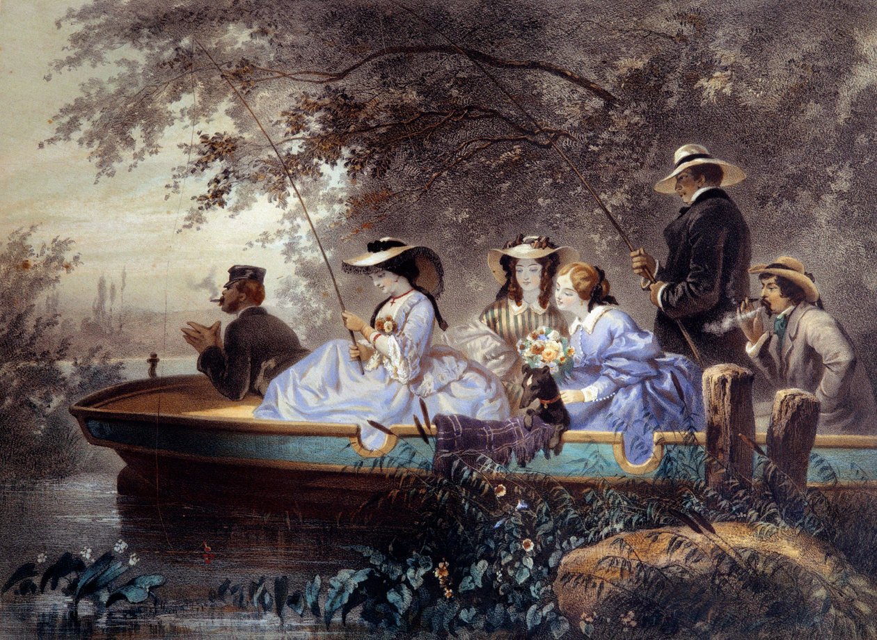 Niedziela z rodziną, łowienie ryb w rzece Litografia – Eugene Guerard (1821-1866) XIX-wieczny Paryż, Musee Carnavalet autorstwa Eugene Charles Francois Guerard