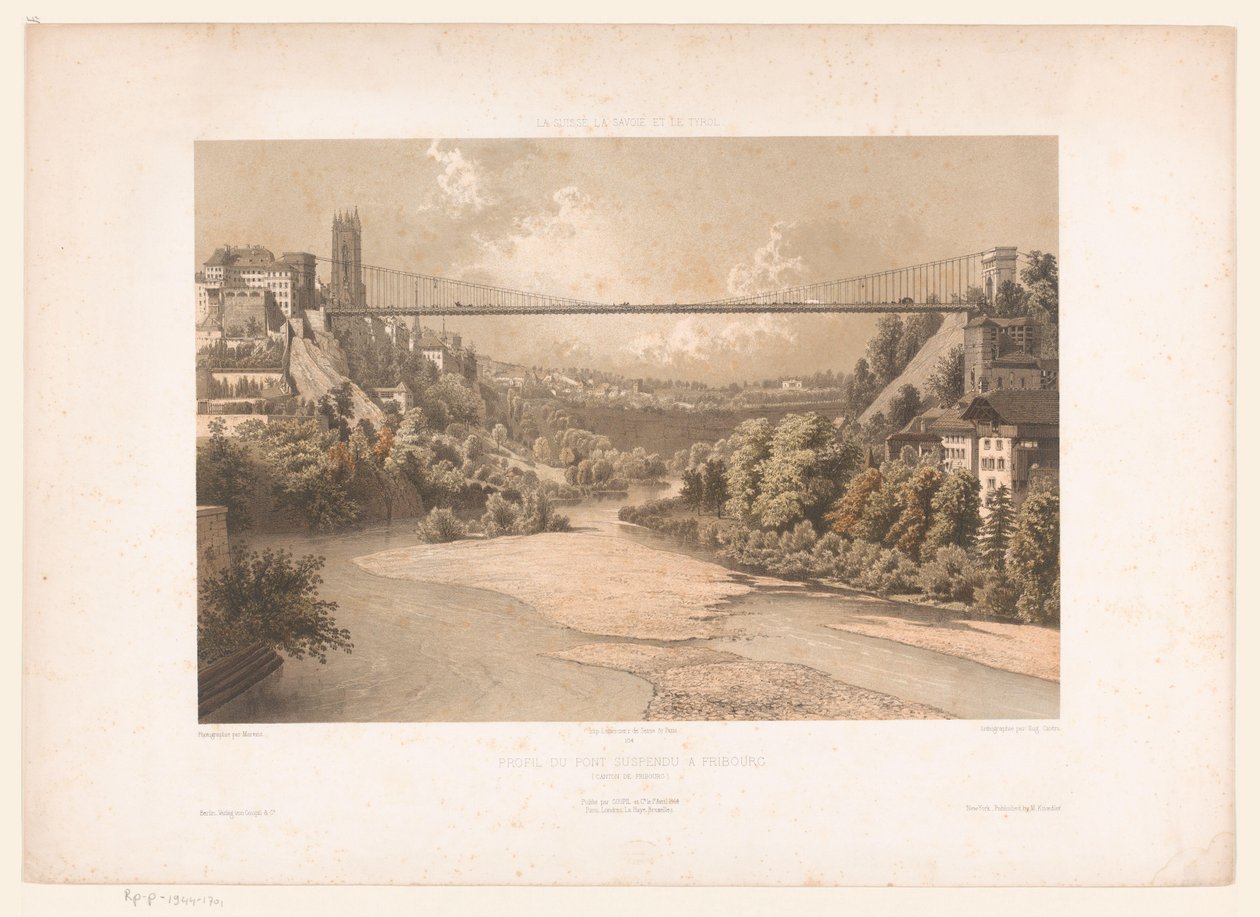 Gezicht op de hangbrug over de Sarine, te Fribourg Szwajcaria Savoy i Tyrol / Profil mostu wiszącego we Fryburgu (Kanton Fryburg) (tytuł na obiekcie) autorstwa Eugene Ciceri