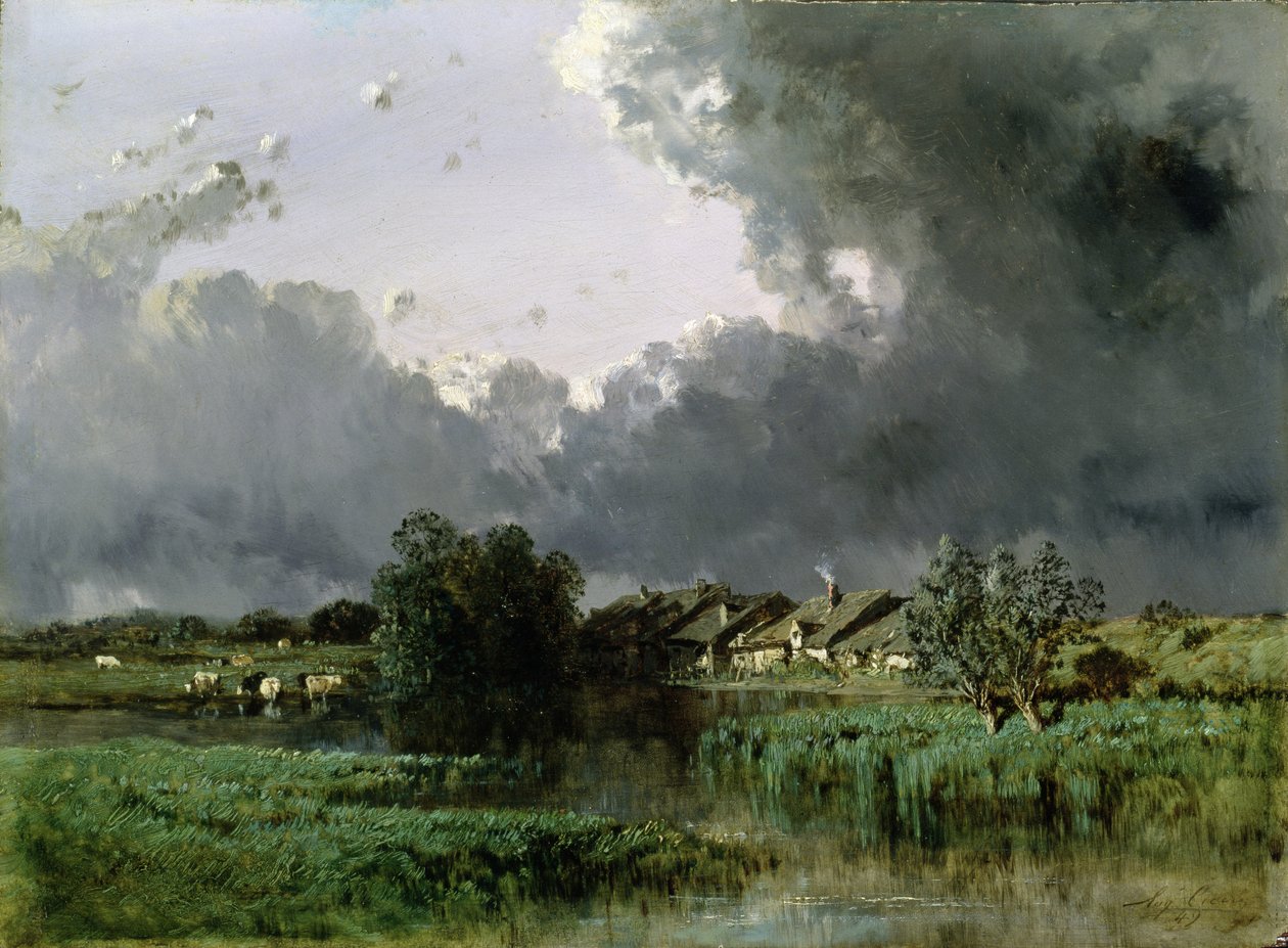 Hamlet nad brzegiem stawu, 1849 autorstwa Eugene Ciceri