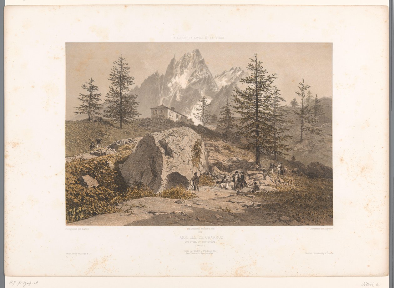 Krajobraz z spacerowiczami i widokiem na Aiguille des Grands Charmoz Aiguille de Charmoz (tytuł na obiekcie) Zabytki w Szwajcarii, Sabaudii i Tyrolu (tytuł serii) La Suisse, la Savoie et le Tyrol (tytuł serii na obiekcie) autorstwa Eugene Ciceri