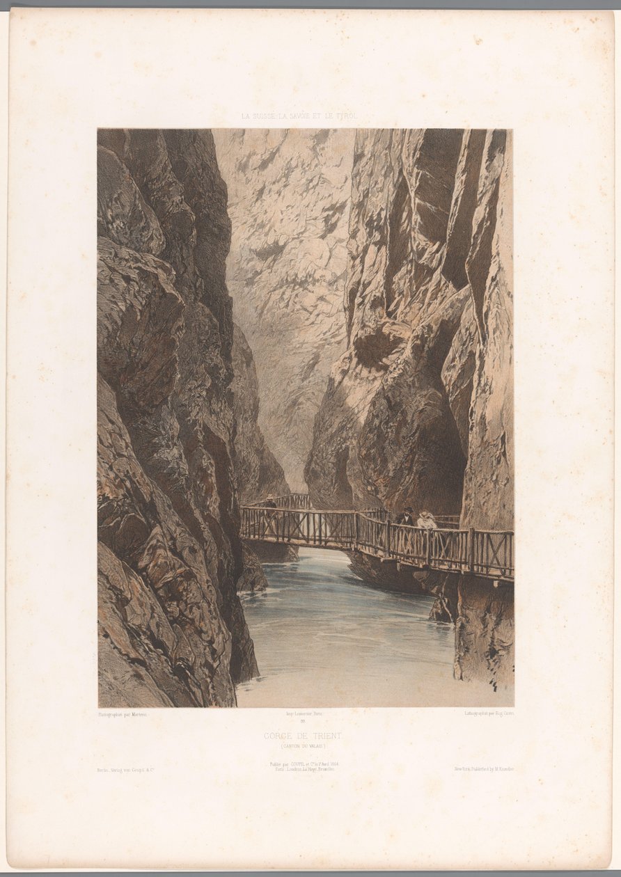 Piesi na moście przez Trientschlucht Gorge de Trient (tytuł na obiekcie) Twarze w Szwajcarii, Sabaudii i Tyrolu (tytuł serii) La Suisse, la Savoie et le Tyrol (tytuł serii na obiekcie) autorstwa Eugene Ciceri