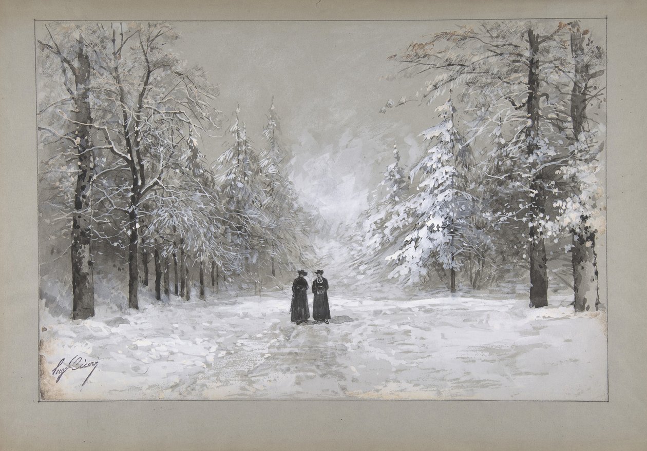 Scena zimowa z dwoma mężczyznami, 1830-90. autorstwa Eugene Ciceri