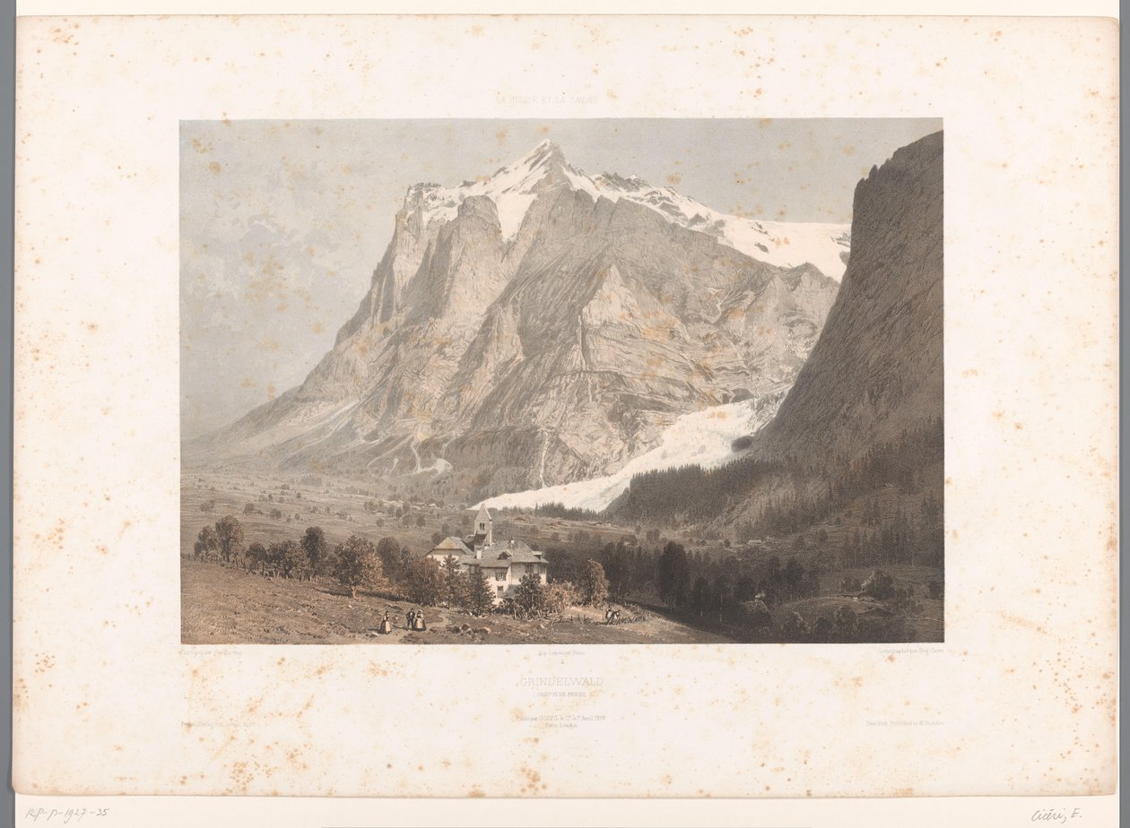 Widok na Grindelwald Grindelwald (tytuł na obiekcie) Zabytki w Szwajcarii, Sabaudii i Tyrolu (tytuł serii) La Suisse, la Savoie et le Tyrol (tytuł serii na obiekcie) autorstwa Eugene Ciceri