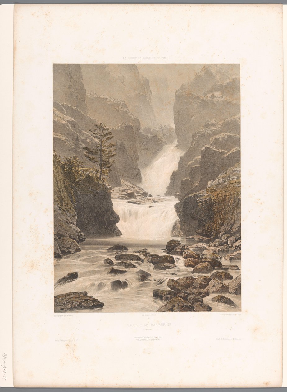 Widok na wodospad Barberine w pobliżu Vallorcine Cascade de Barberine (tytuł na obiekcie) Twarze w Szwajcarii, Sabaudii i Tyrolu (tytuł serii) La Suisse, la Savoie et le Tyrol (tytuł serii na obiekcie) autorstwa Eugene Ciceri