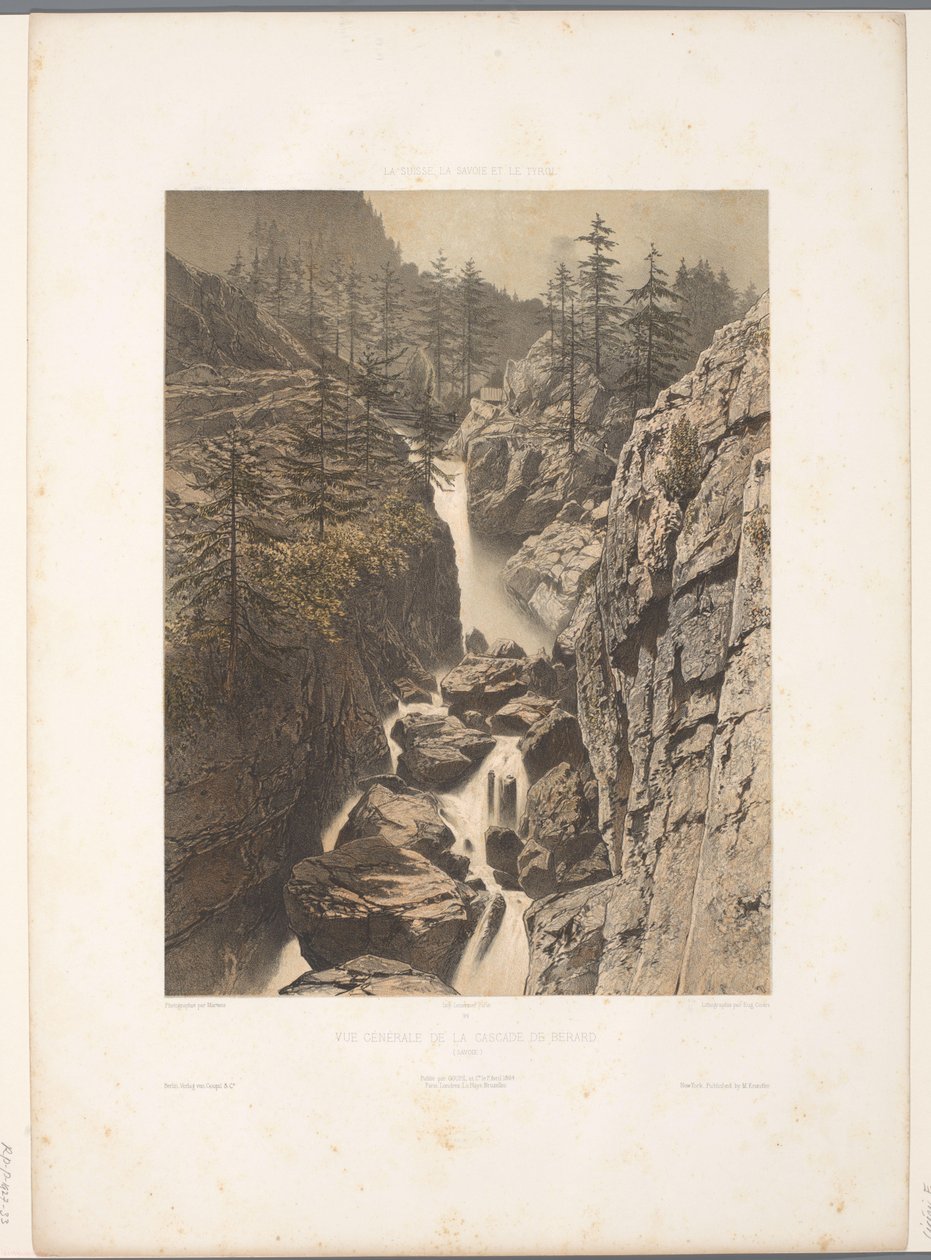 Zicht op de Bérard-waterval Widok ogólny Cascade de Bérard (tytuł na obiekcie) Gezichten in Zwitserland, Savoy in Tirol (tytuł serii) Szwajcaria, Sabaudia i Tyrol (tytuł serii na obiekcie) autorstwa Eugene Ciceri