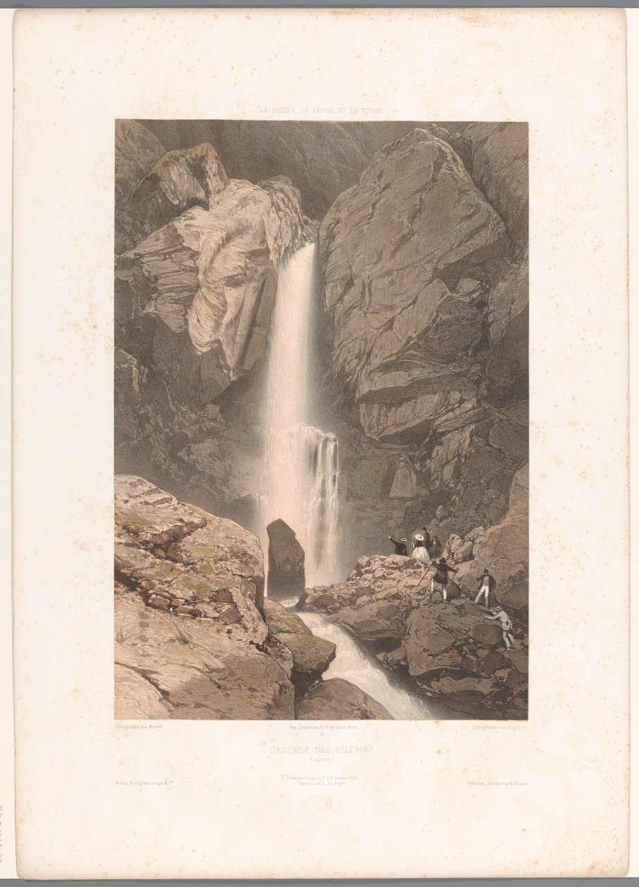 Widok na wodospad Pélerins Cascade des Pelerins (tytuł na obiekcie) Twarze w Szwajcarii, Sabaudii i Tyrolu (tytuł serii) La Suisse, la Savoie et le Tyrol (tytuł serii na obiekcie) autorstwa Eugene Ciceri