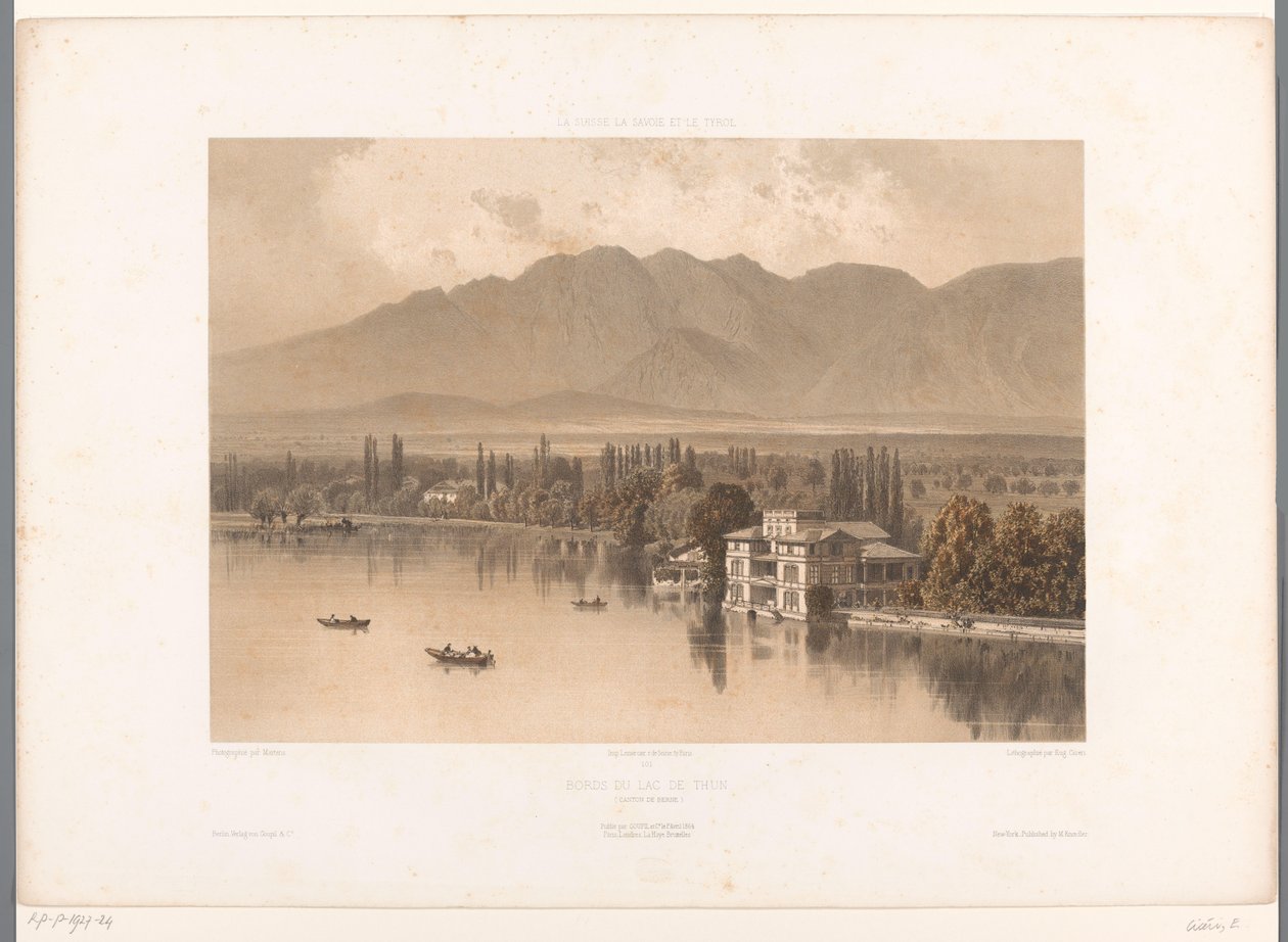 Widok na brzeg jeziora Thun Bords du Lac de Thun (tytuł na obiekcie) Twarze w Szwajcarii, Sabaudii i Tyrolu (tytuł serii) La Suisse, la Savoie et le Tyrol (tytuł serii na obiekcie) autorstwa Eugene Ciceri