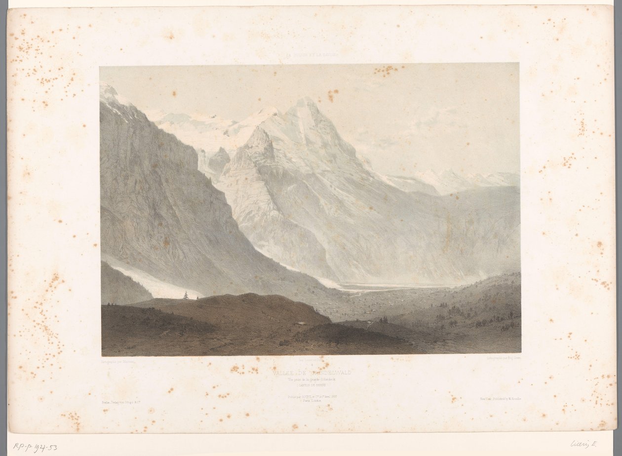Widok na dolinę Grindelwald Dolina Grindelwald (tytuł na obiekcie) Twarze w Szwajcarii i Sabaudii (tytuł serii) La Suisse et la Savoie (tytuł serii na obiekcie) autorstwa Eugene Ciceri