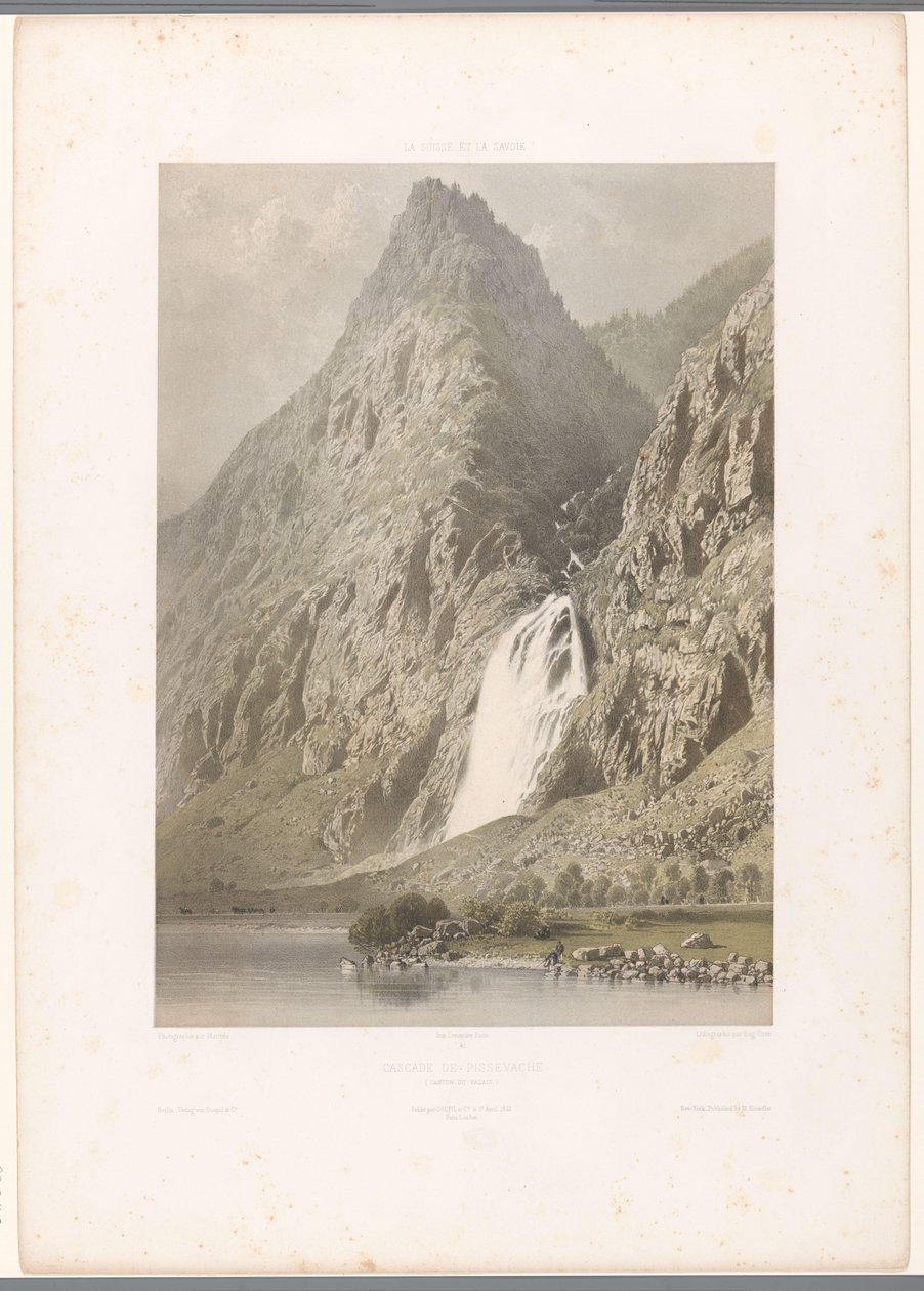 Widok na wodospad Pissevache Cascade de Pissevache (tytuł na obiekcie) Twarze w Szwajcarii i Sabaudii (tytuł serii) La Suisse et la Savoie (tytuł serii na obiekcie) autorstwa Eugene Ciceri