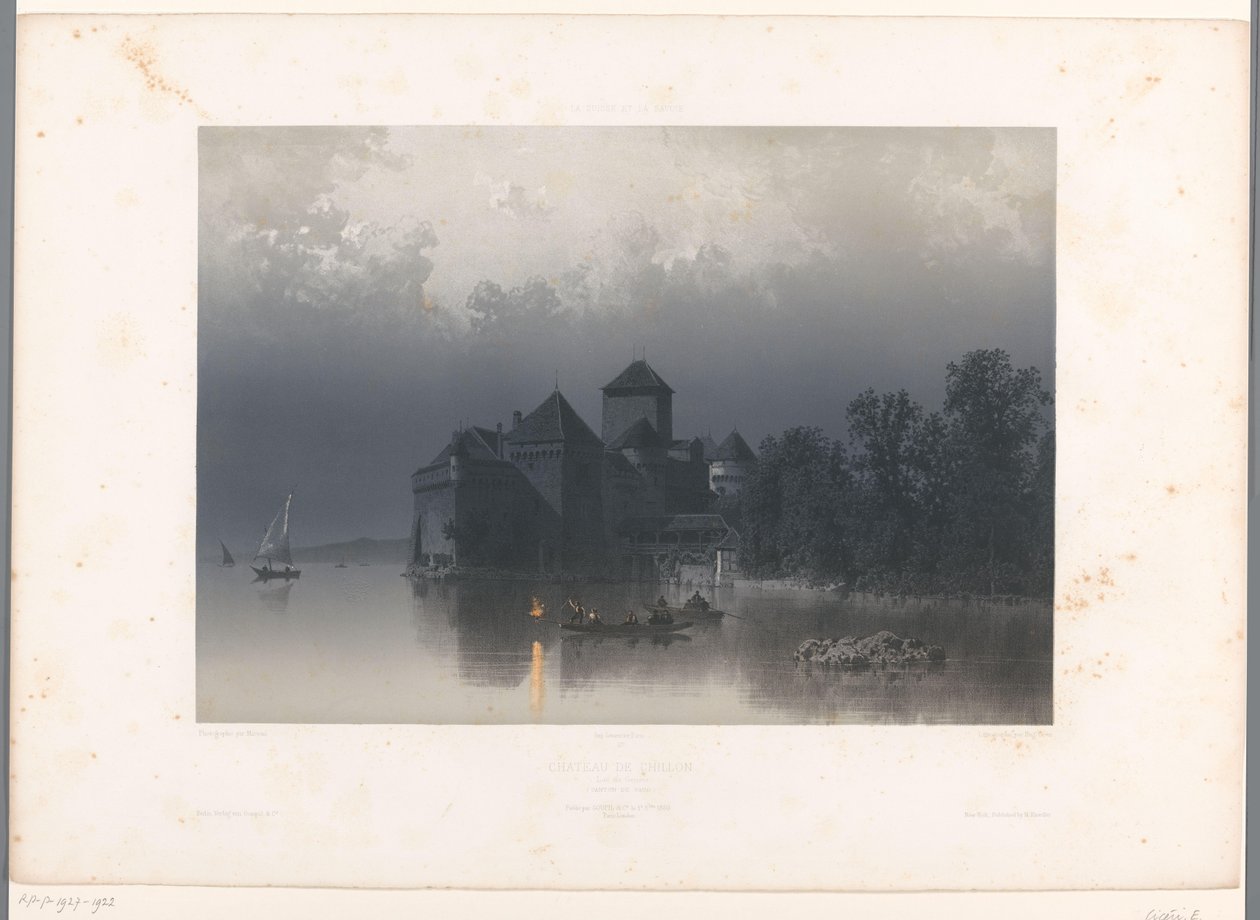 Widok na zamek Chillon nad Jeziorem Genewskim Château de Chillon (tytuł na obiekcie) Twarze w Szwajcarii i Sabaudii (tytuł serii) La Suisse et la Savoie (tytuł serii na obiekcie) autorstwa Eugene Ciceri