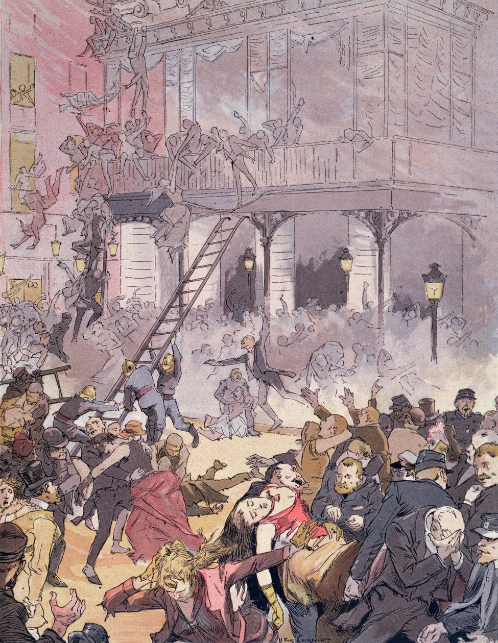 Pożar w Operze Comique, 25 maja 1887 (kolor lito) autorstwa Eugene Courboin