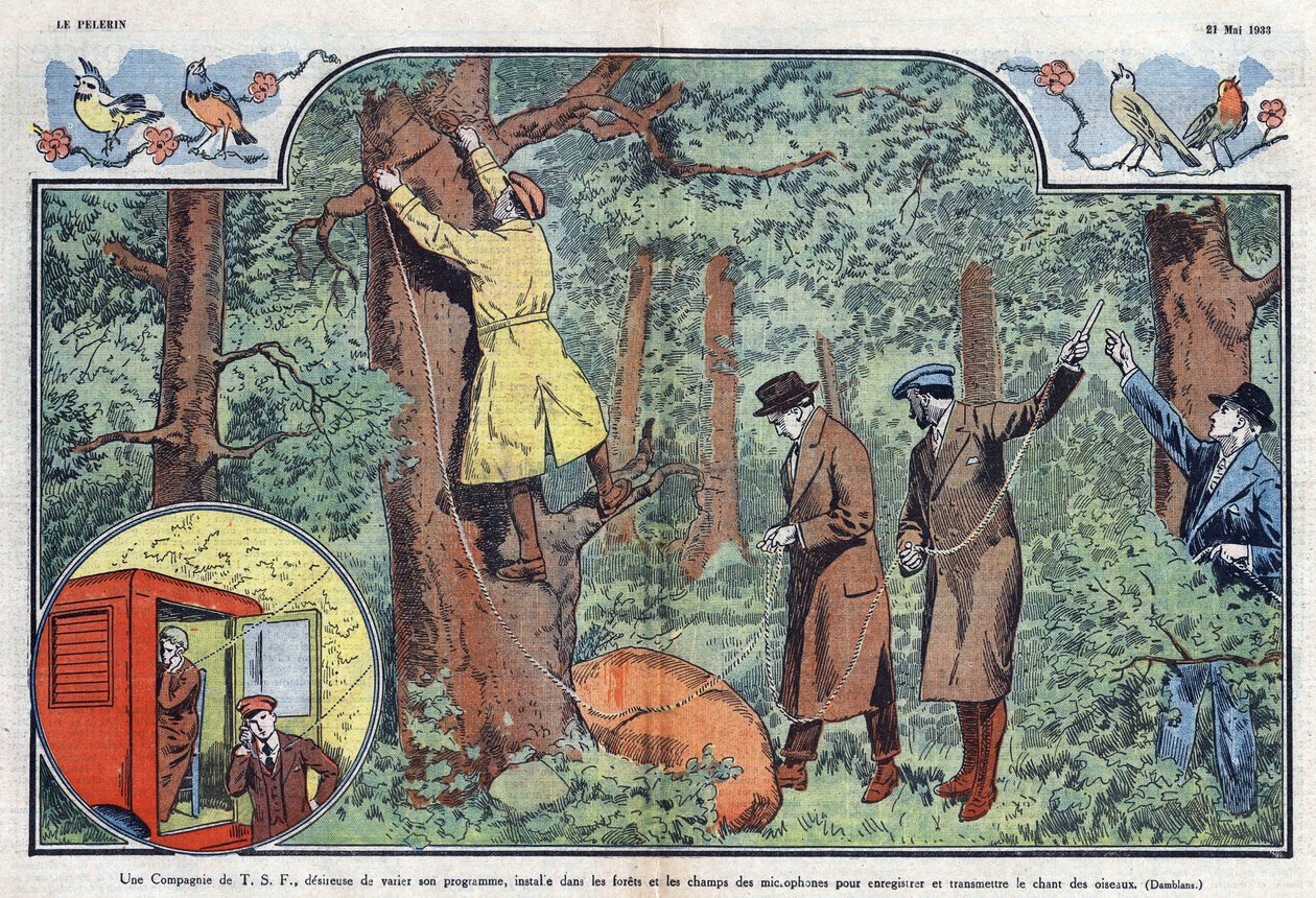 T.S.F. Firma instaluje w lasach i na polach mikrofony do nagrywania i transmisji śpiewu ptaków. Ilustracja Damblans w „Le Pelerin” z 21 maja 1933 r. autorstwa Eugene Damblans