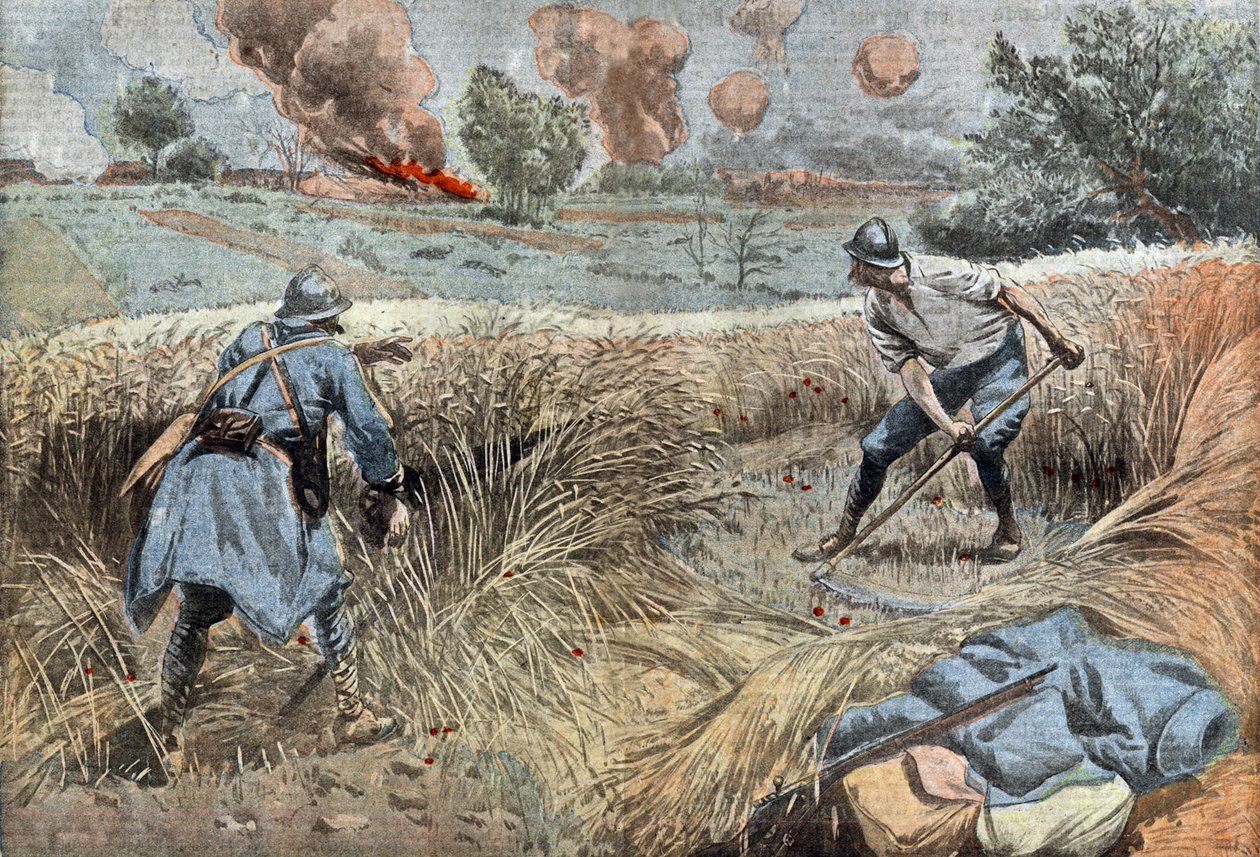 Francuski kanonier kosa pszenicę, by zabić Niemców, rys. Damblans z francuskiej gazety „Le Pelerin” 30 czerwca autorstwa Eugene Damblans